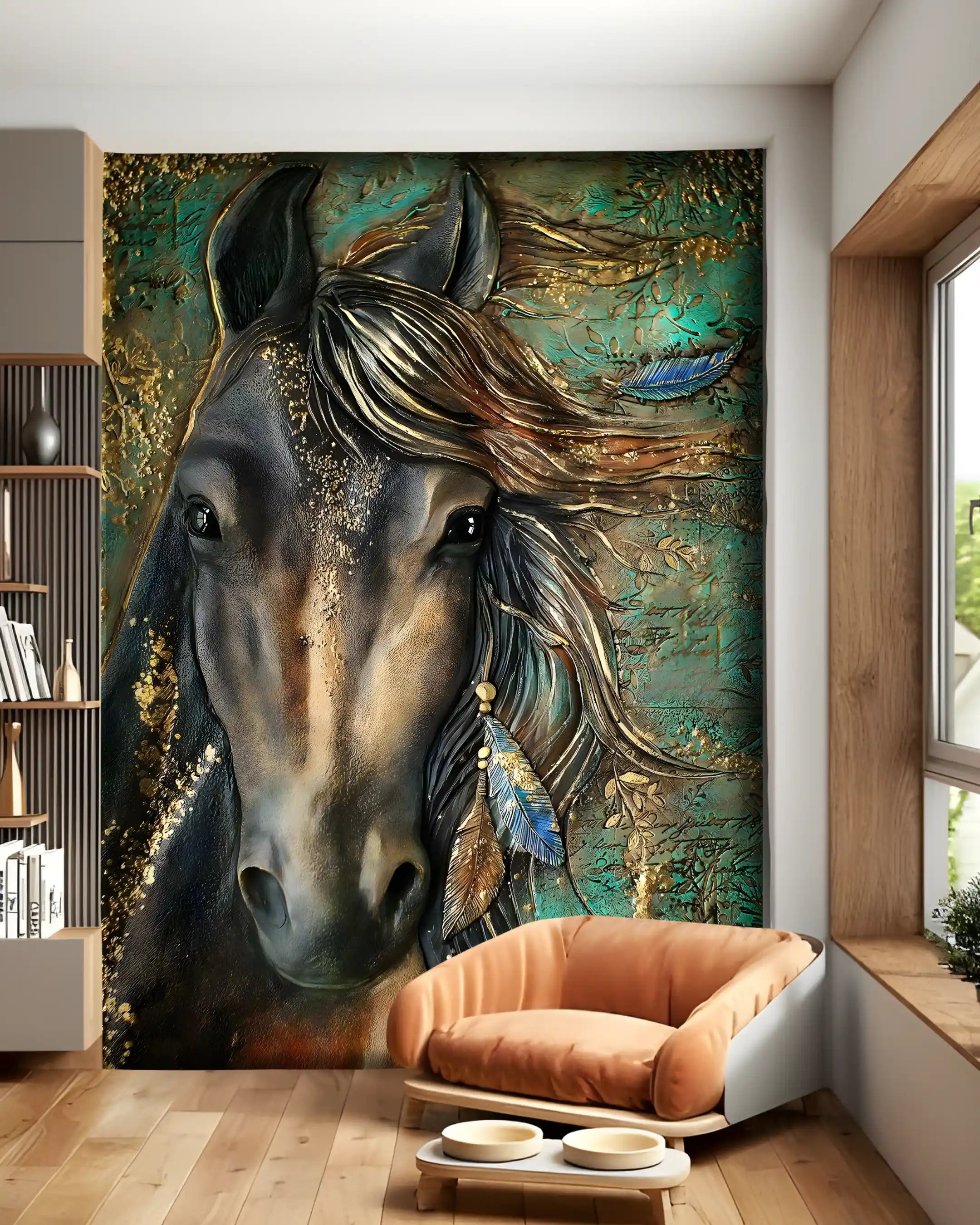 Decorative wall mural of a horse in a modern living room.