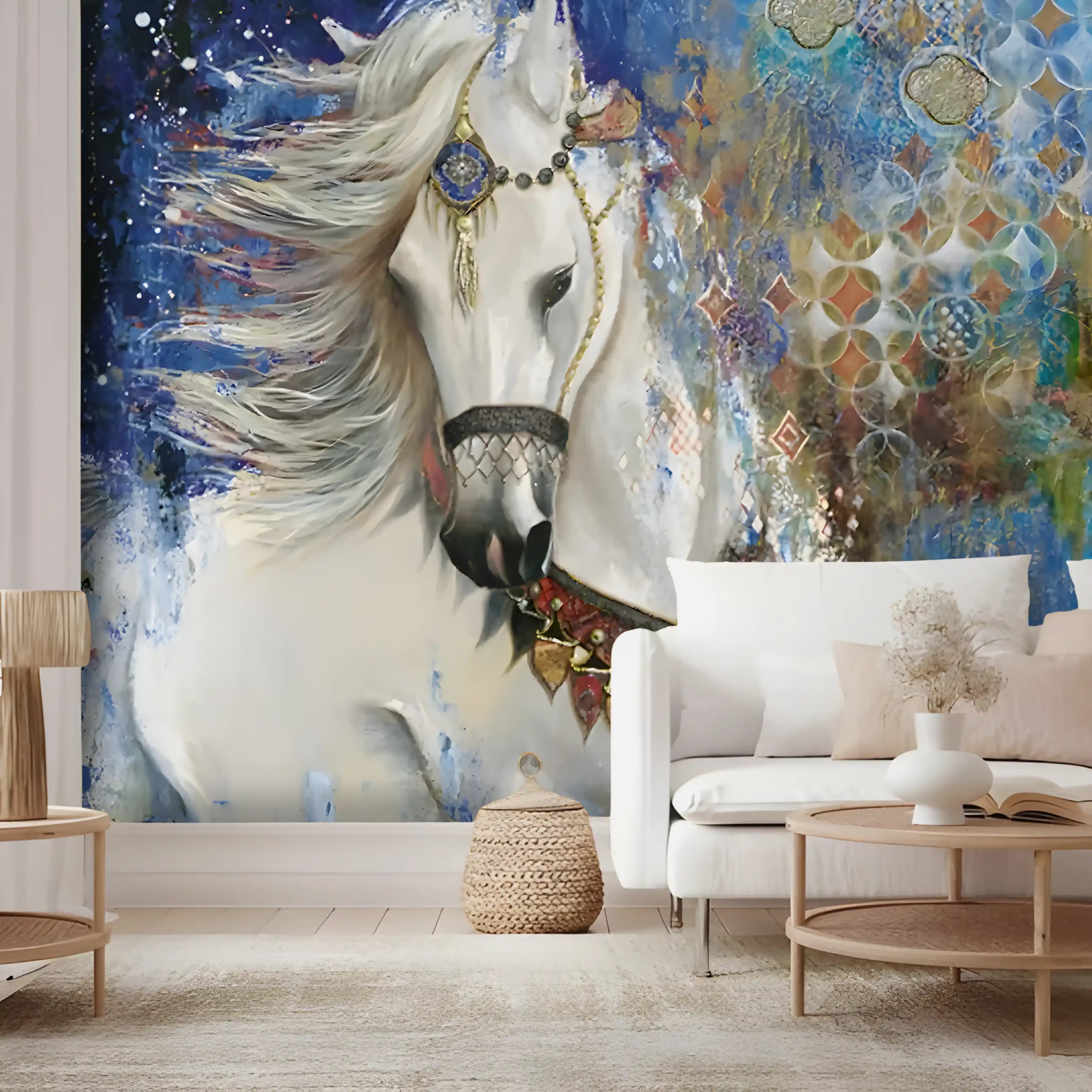 Living room with a large mural of a white horse on the wall.