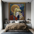 Decorative tapestry with a horse design above a bed in a bedroom setting.