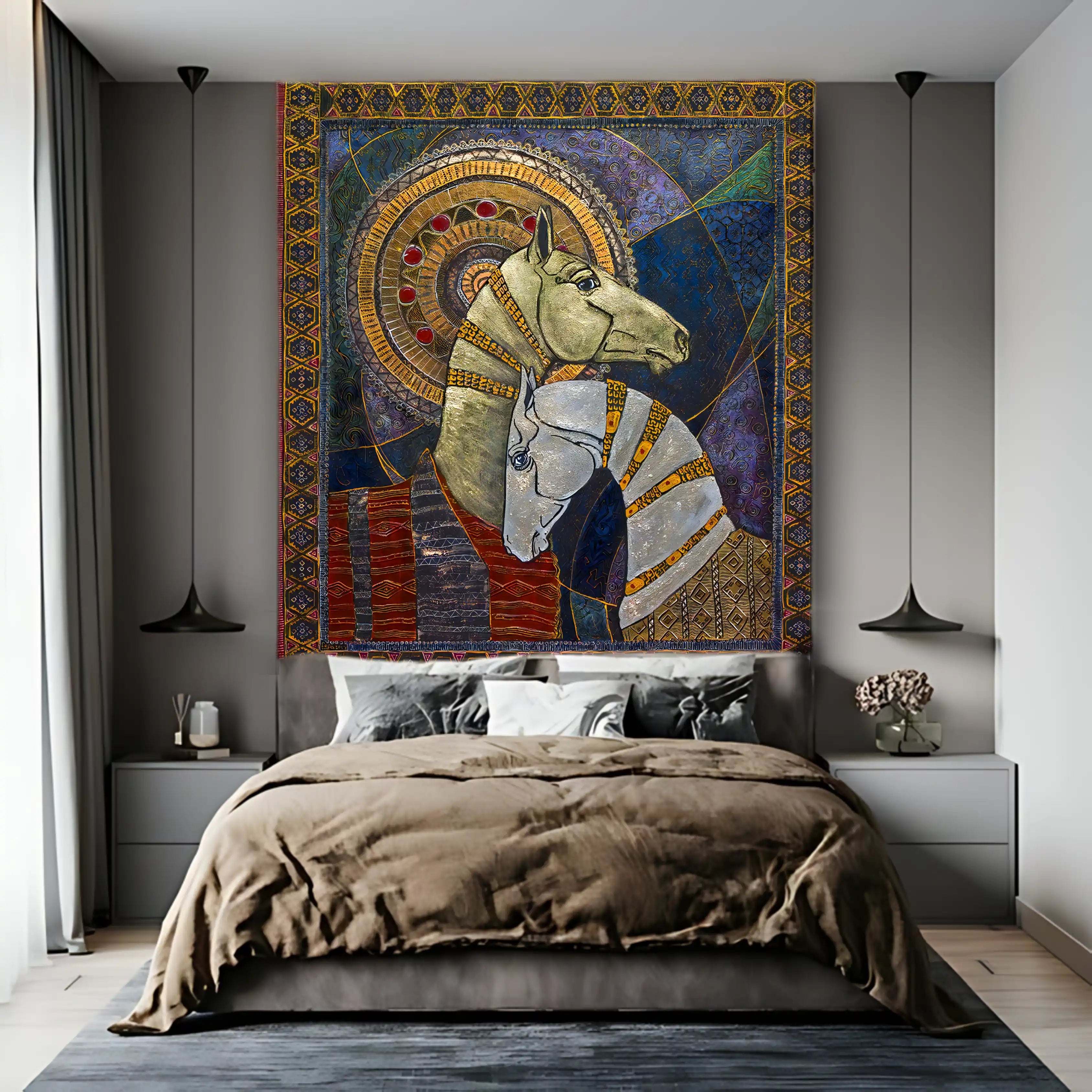 Decorative tapestry with a horse design above a bed in a bedroom setting.