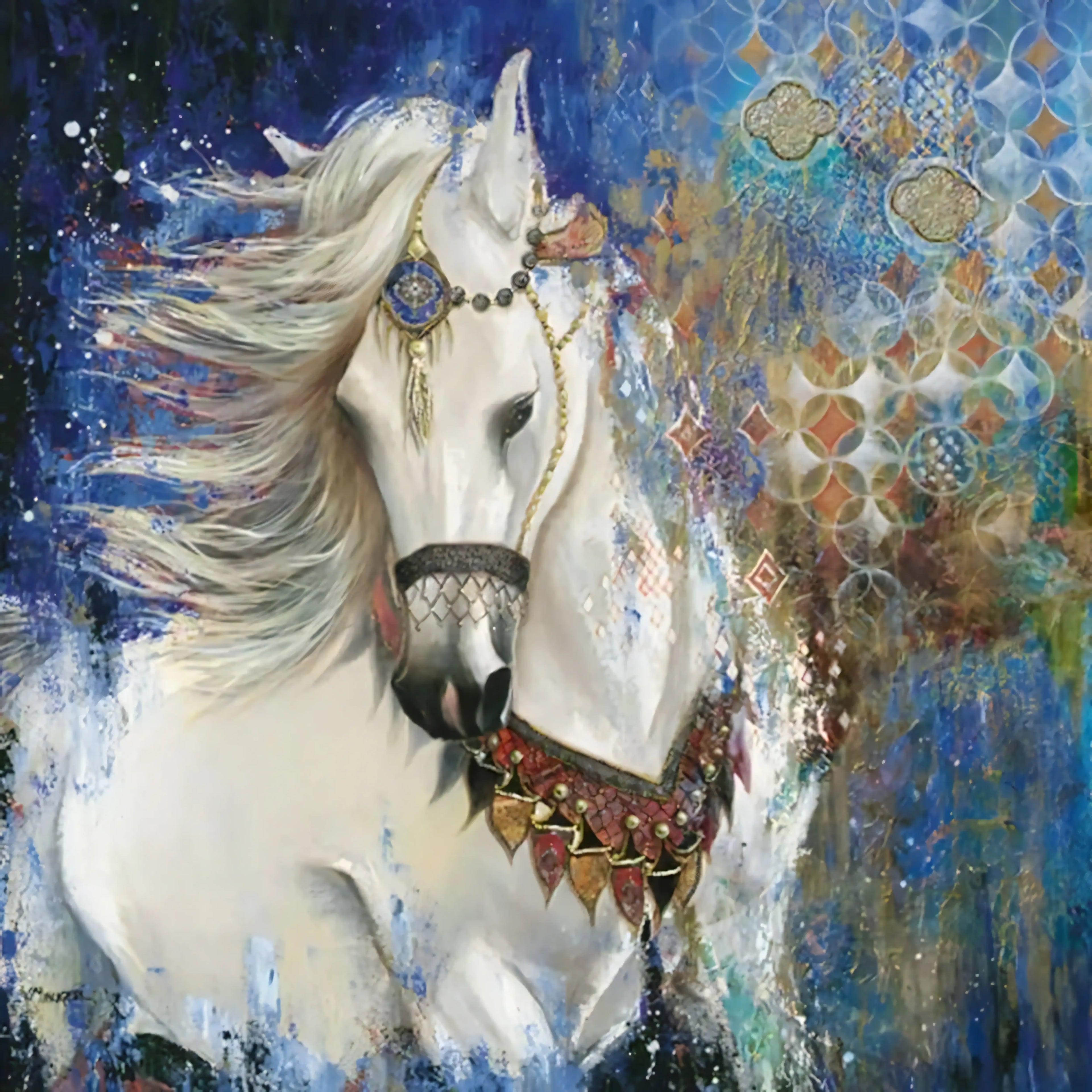 Decorative painting of a white horse with intricate harness against a colorful abstract background