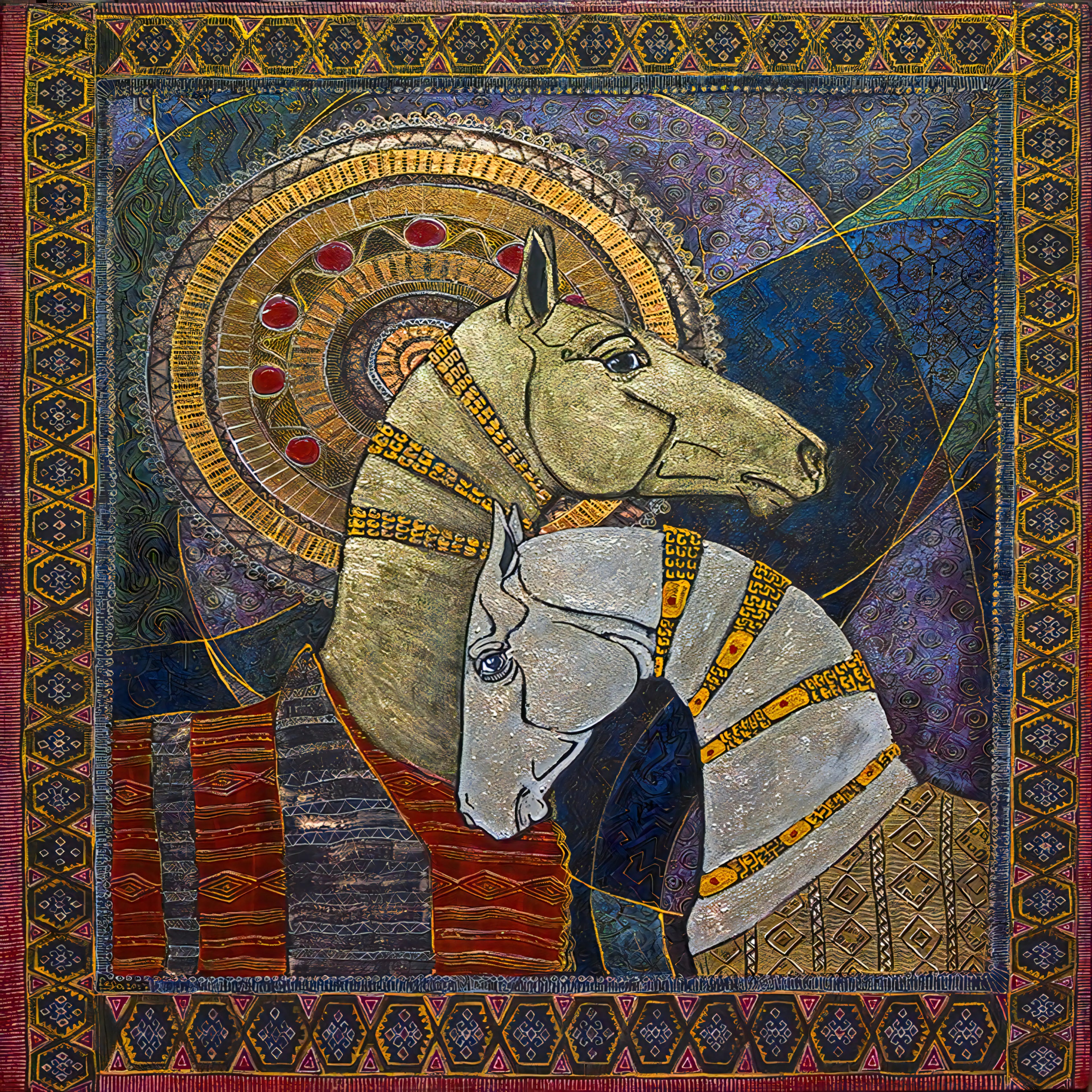 Decorative artwork of a horse with intricate patterns and colors