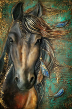 Artistic depiction of a horse with feathers on a textured background