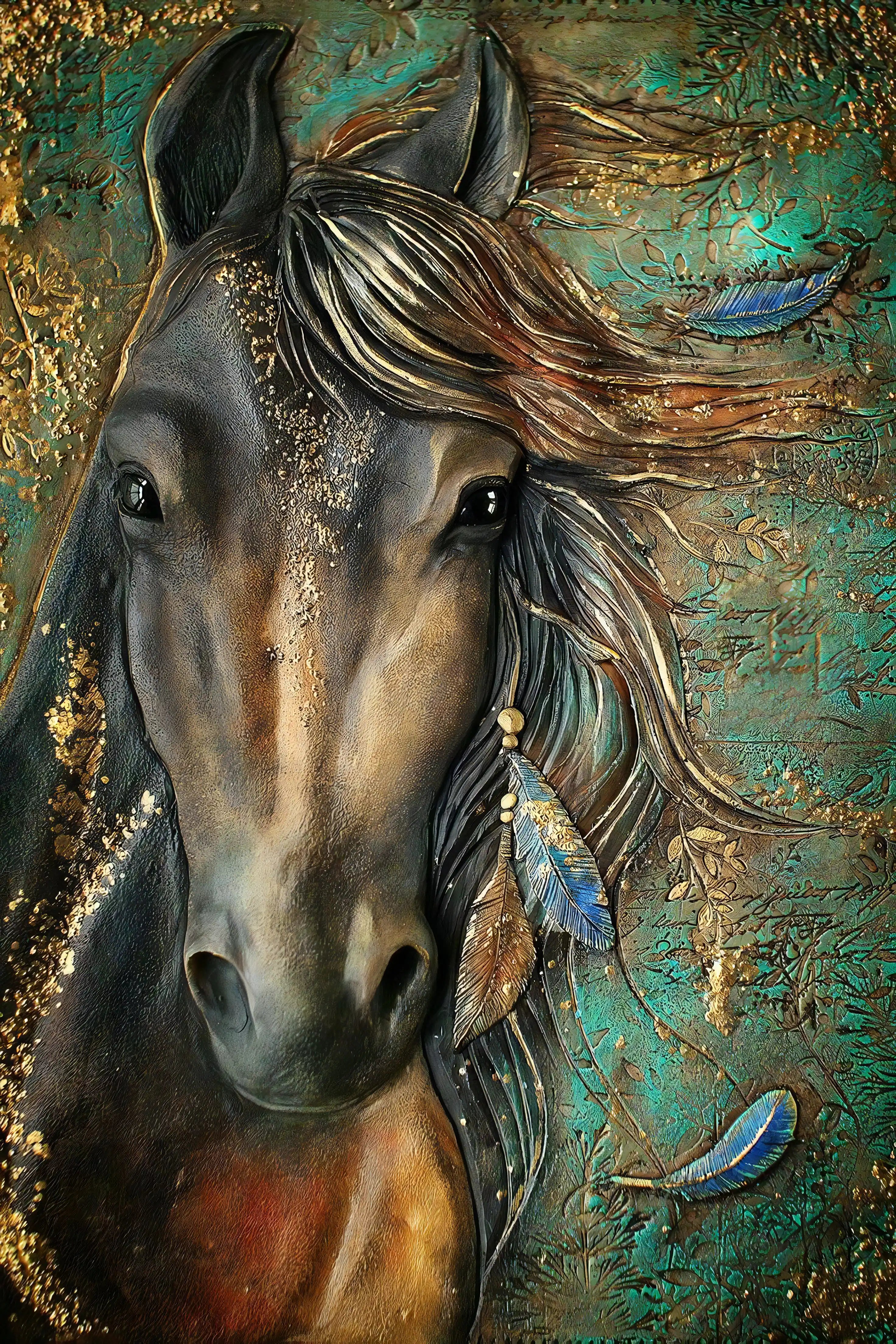 Artistic depiction of a horse with feathers on a textured background