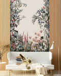 Decorative wall mural with floral and butterfly design in a living room setting.