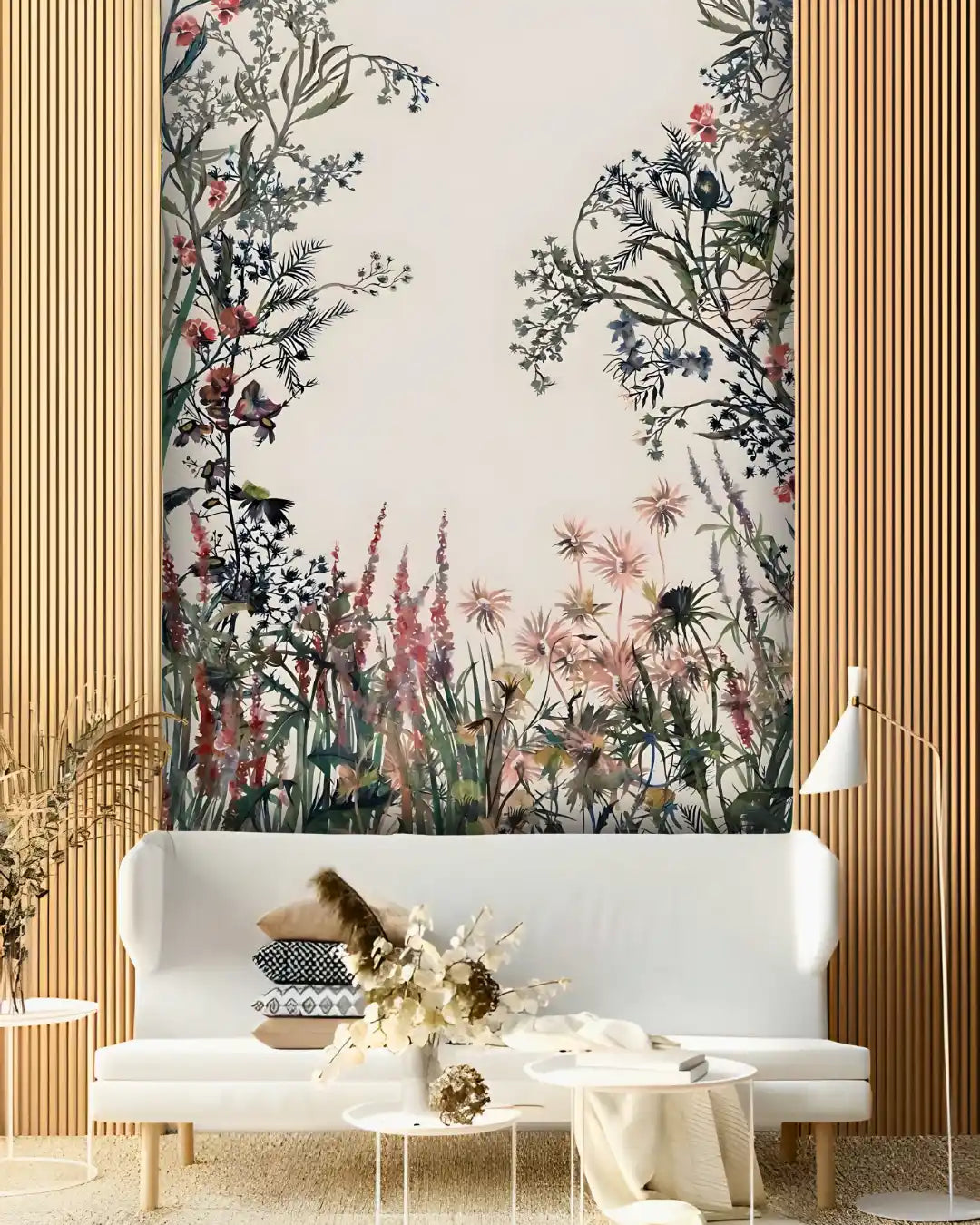 Decorative wall mural with floral and butterfly design in a living room setting.