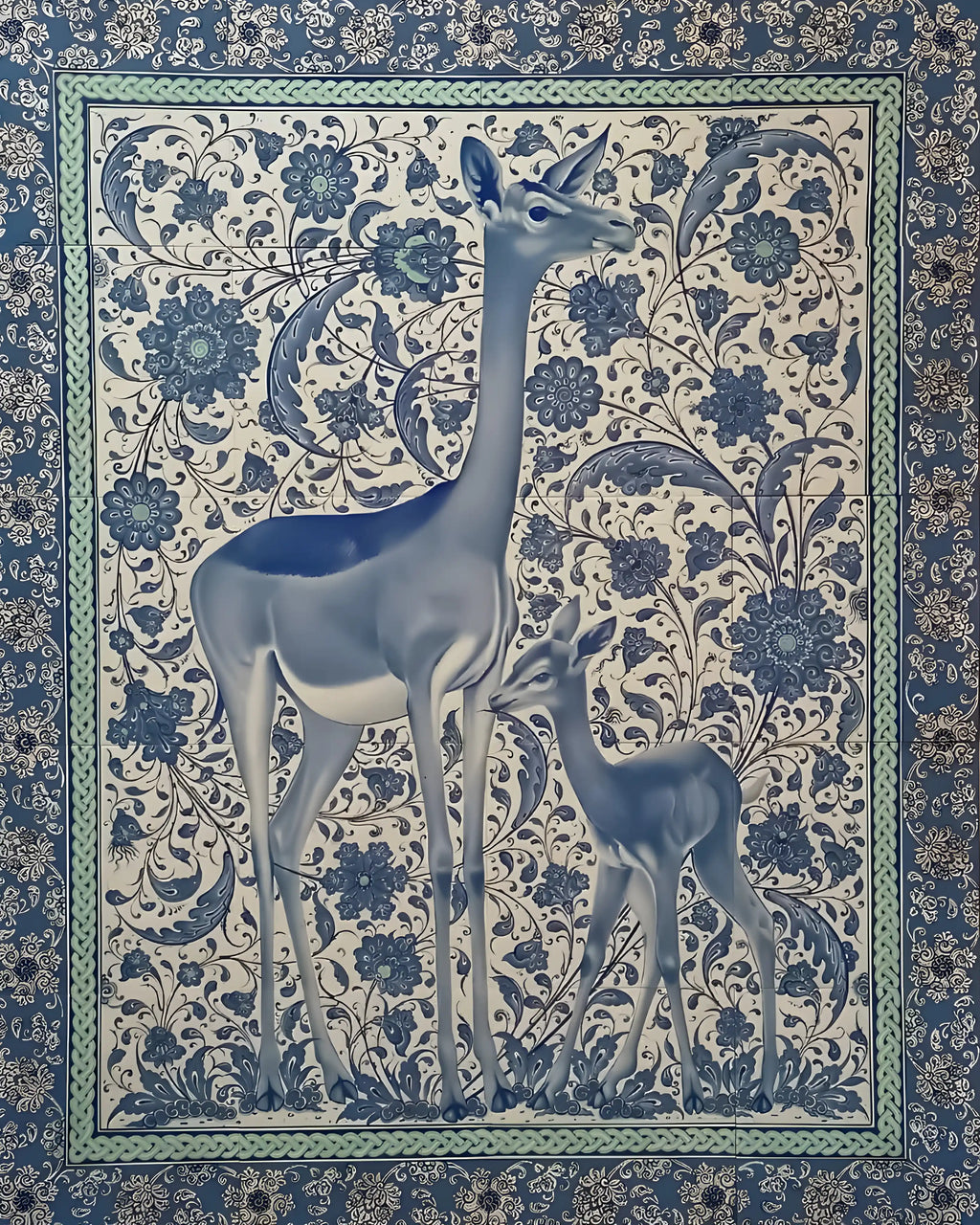 Decorative fabric with deer design on a floral patterned background