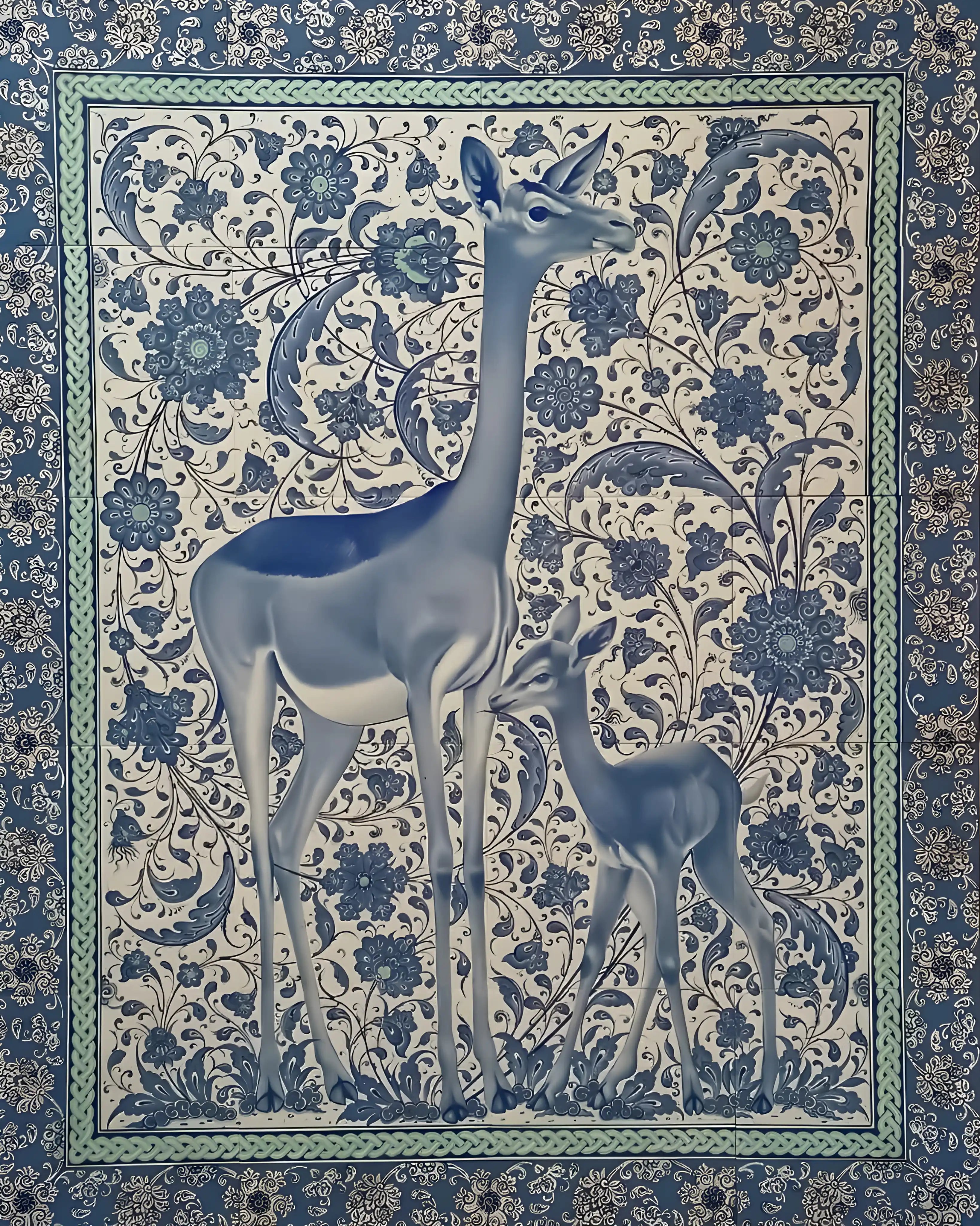 Decorative fabric with deer design on a floral patterned background