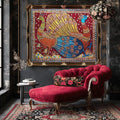 Decorative peacock tapestry above a red velvet sofa in an elegant room.