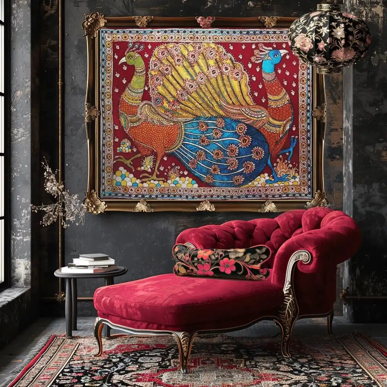 Decorative peacock tapestry above a red velvet sofa in an elegant room.