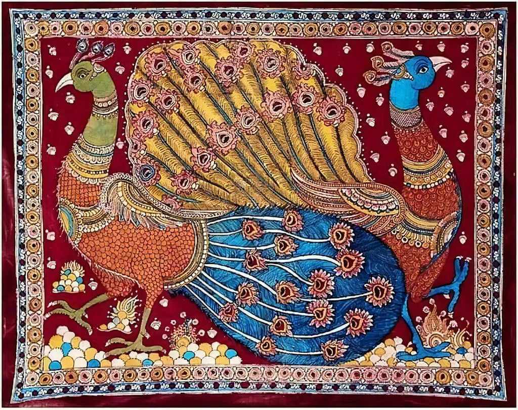 Decorative tapestry with a peacock design on a red background