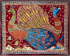 Decorative tapestry with a peacock design on a red background