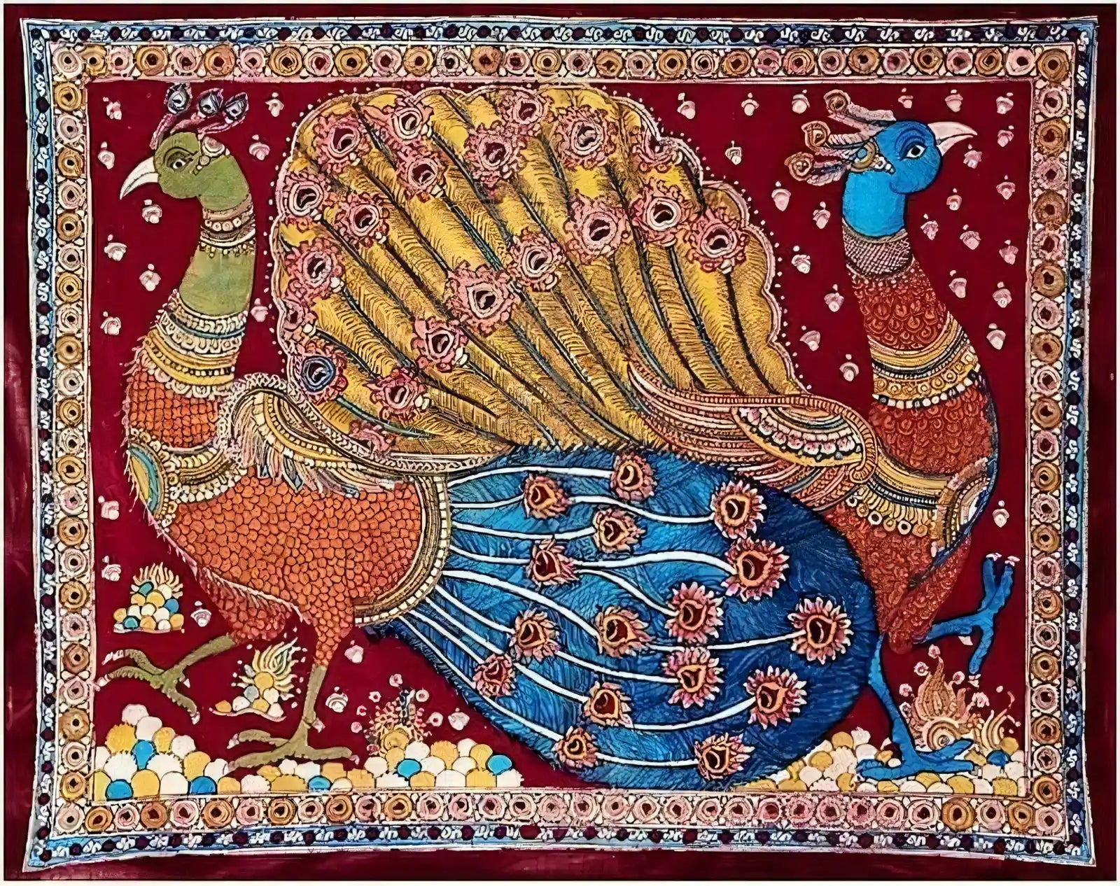 Decorative tapestry with a peacock design on a red background