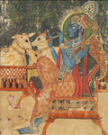 Colorful depiction of a deity playing a flute with a cow, on an ornate throne.