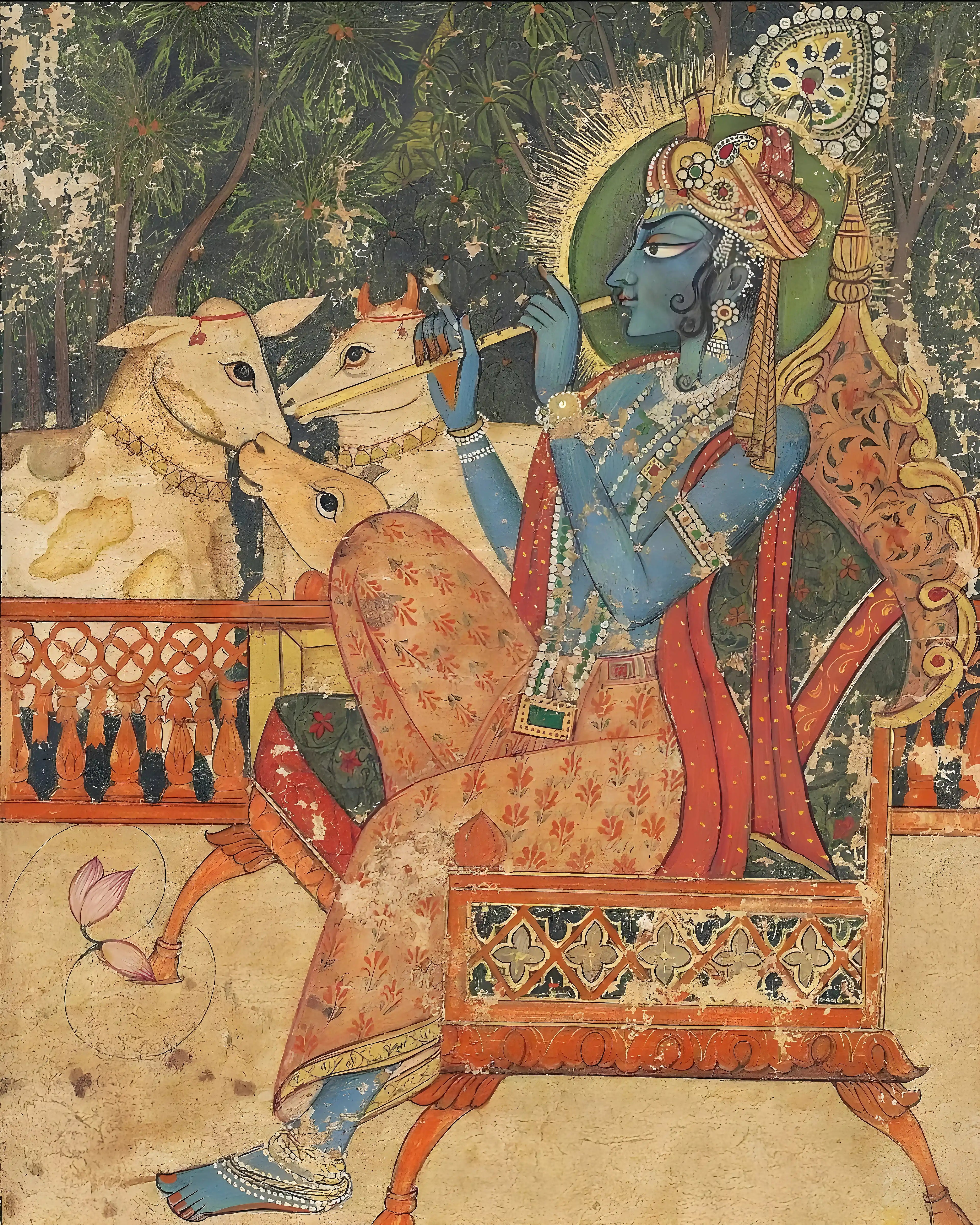 Colorful depiction of a deity playing a flute with a cow, on an ornate throne.