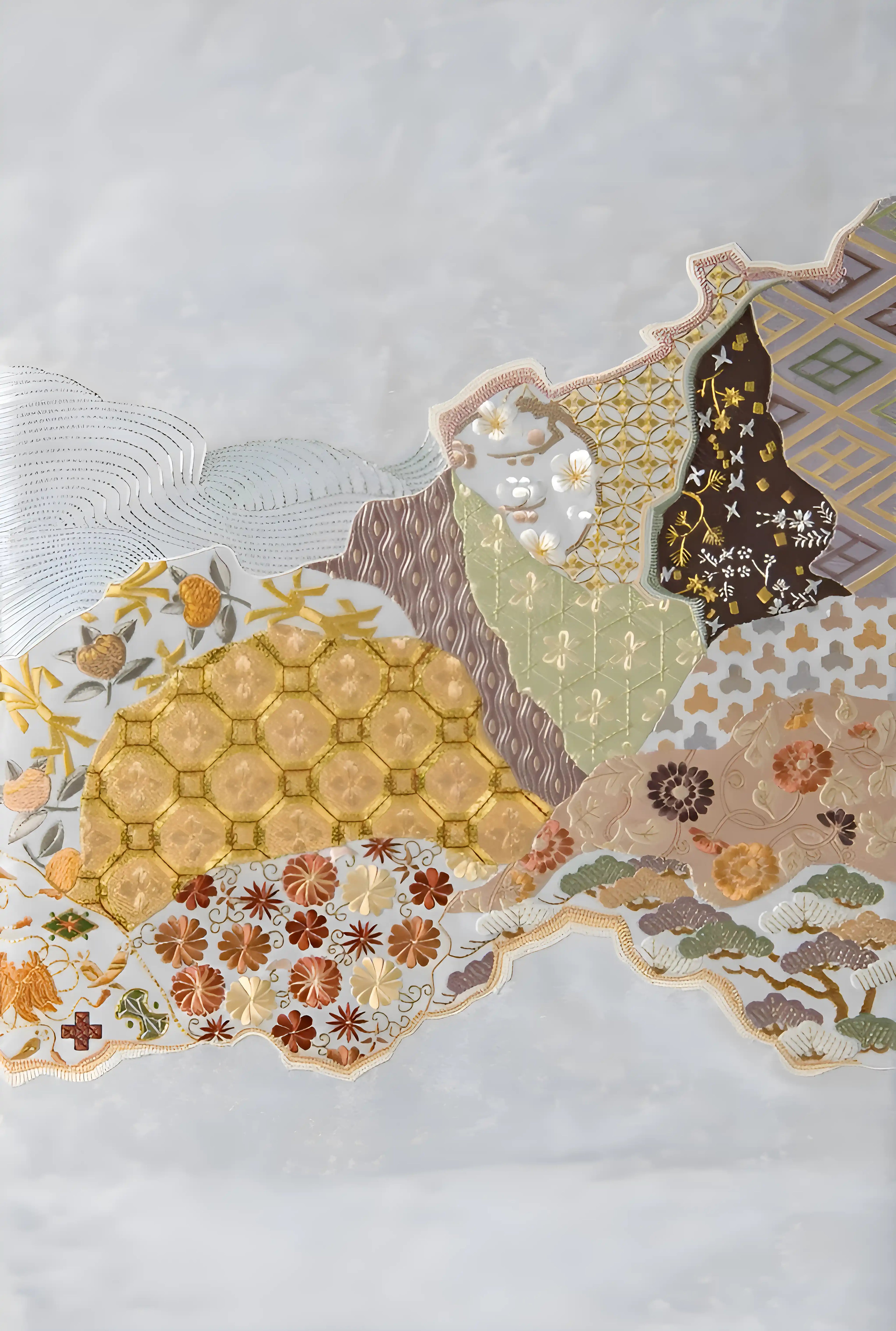 Decorative paper with floral and geometric patterns on a white background