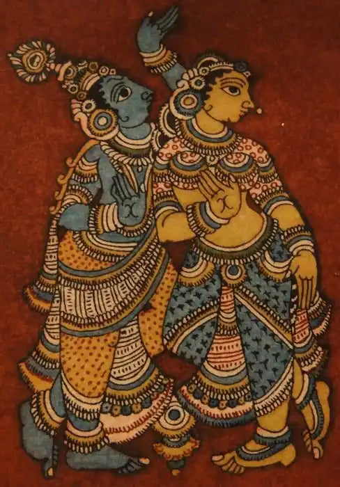Colorful illustration of two deities on a red background