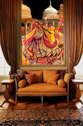 Decorative painting of a woman in traditional attire on a wall above an ornate sofa.