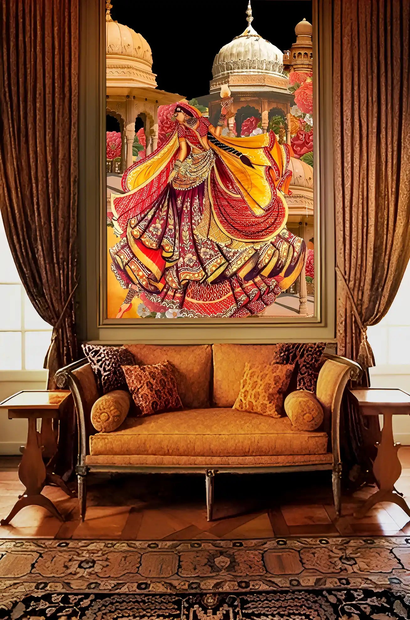 Decorative painting of a woman in traditional attire on a wall above an ornate sofa.