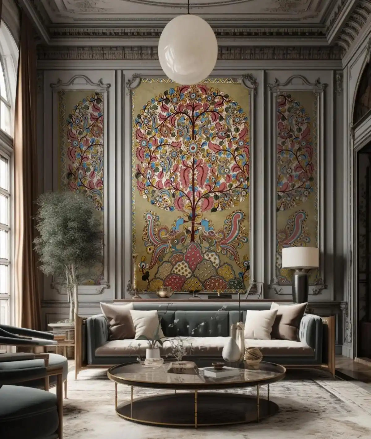Luxurious living room with decorative wall art and modern furniture.