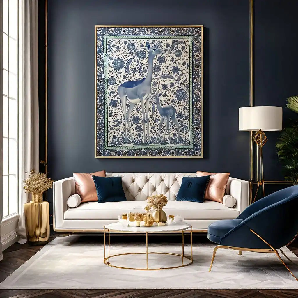 Living room with a white sofa, decorative pillows, a coffee table, and a large framed artwork on the wall.