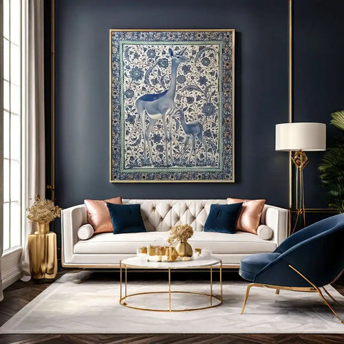 Living room with a white sofa, decorative pillows, a coffee table, and a large framed artwork on the wall.