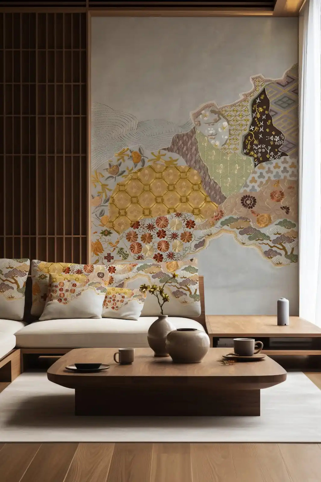 Modern living room with a floral wall mural, wooden coffee table, and decorative items.