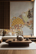 Modern living room with a floral wall mural, wooden coffee table, and decorative items.