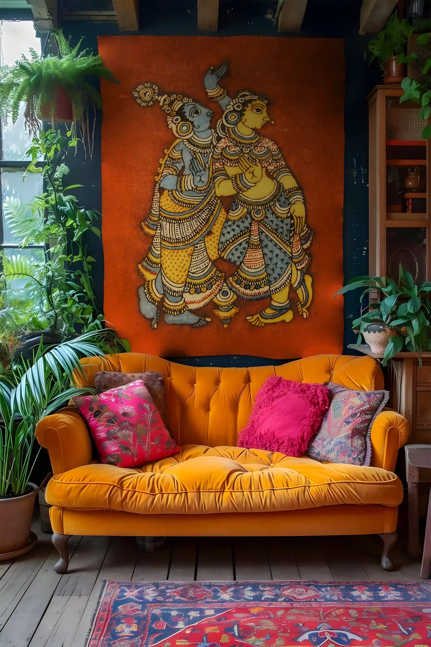 Orange sofa with colorful cushions in a room with a large wall tapestry and plants.