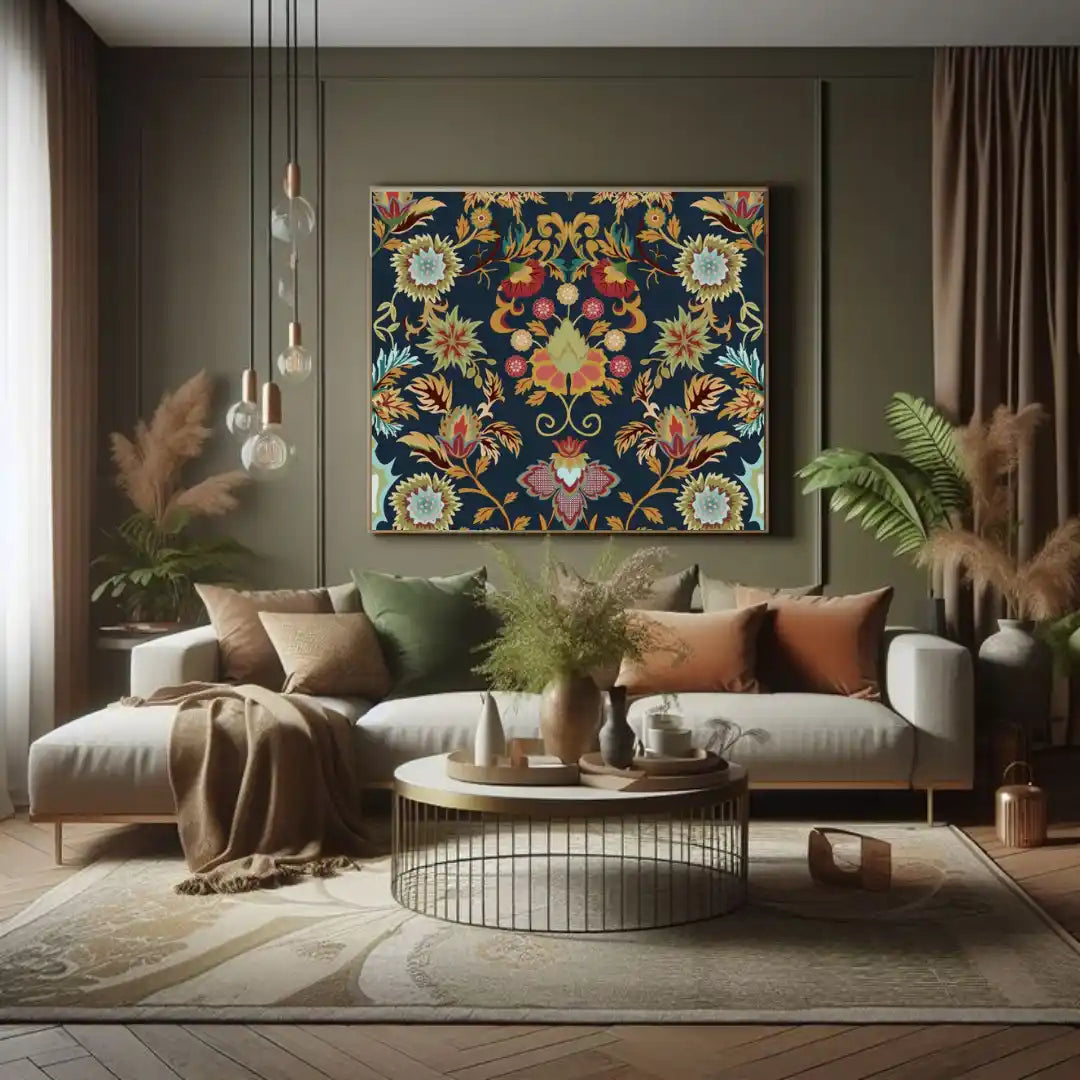 Living room with a floral tapestry, sofa, and decorative items.
