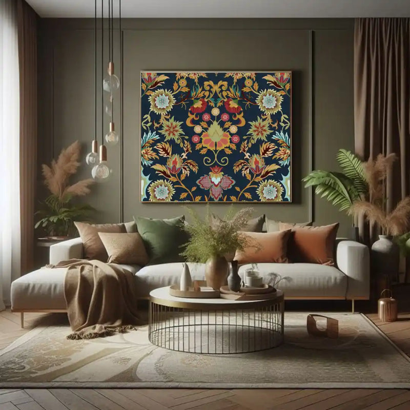 Living room with a floral tapestry, sofa, and decorative items.
