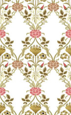 Decorative floral pattern with pink flowers and gold leaves on a white background