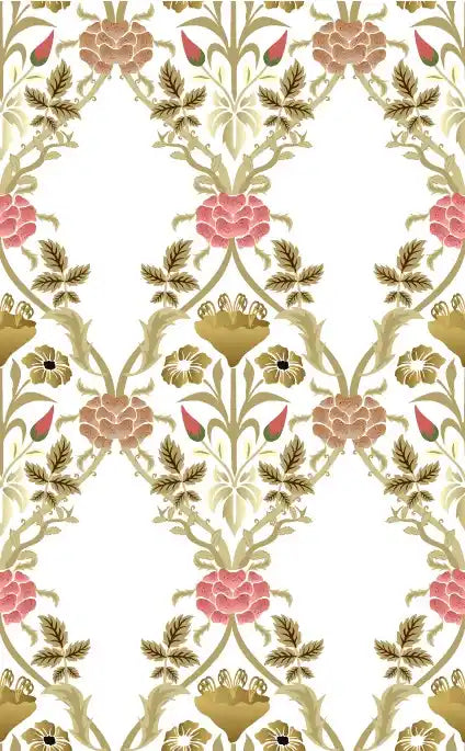 Decorative floral pattern with pink flowers and gold leaves on a white background