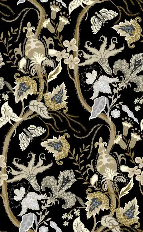 Decorative floral and butterfly pattern on a black background