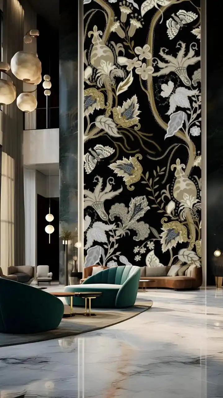 Luxurious interior with a decorative rug featuring floral patterns, modern furniture, and marble flooring.