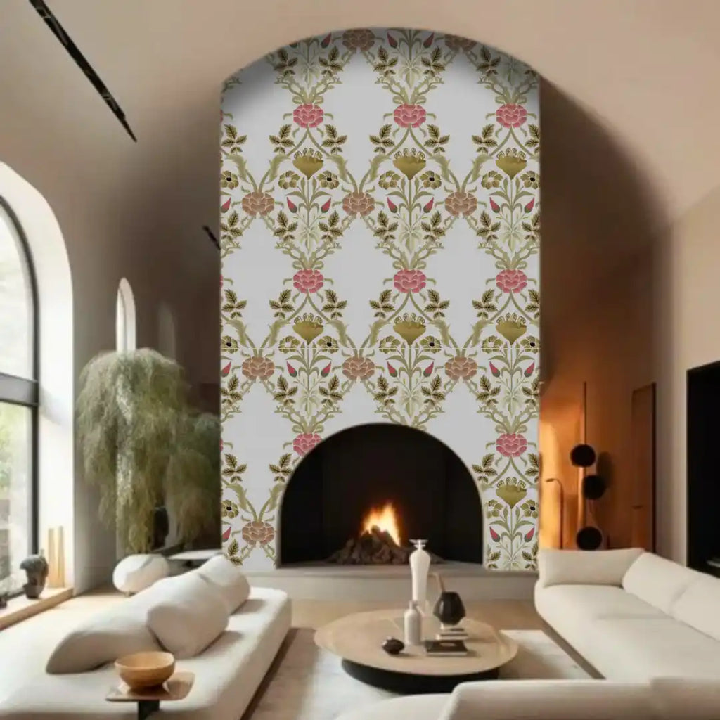 Living room with floral wallpaper, fireplace, and modern decor.