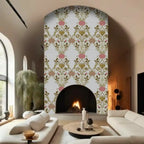 Living room with floral wallpaper, fireplace, and modern decor.