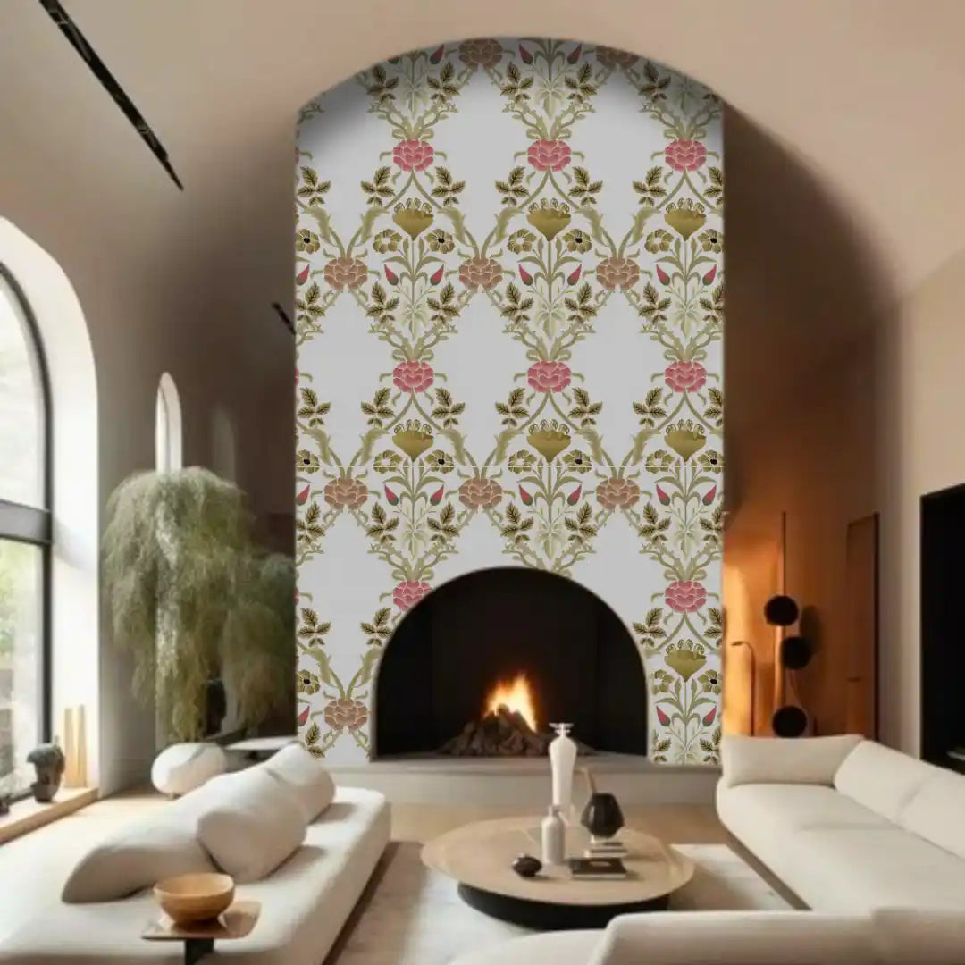 Living room with floral wallpaper, fireplace, and modern decor.