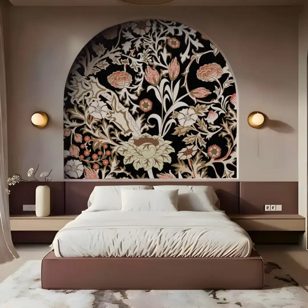 Decorative wall art with floral design above a bed in a bedroom setting.