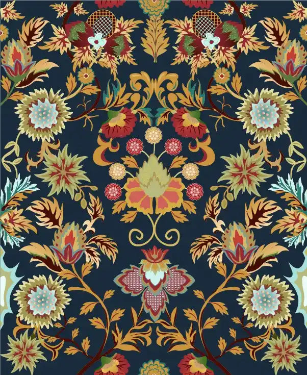 Decorative fabric pattern with flowers and leaves on a dark blue background