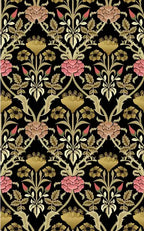 Floral pattern with pink and gold flowers on a black background