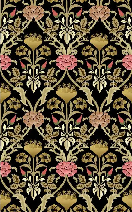 Floral pattern with pink and gold flowers on a black background