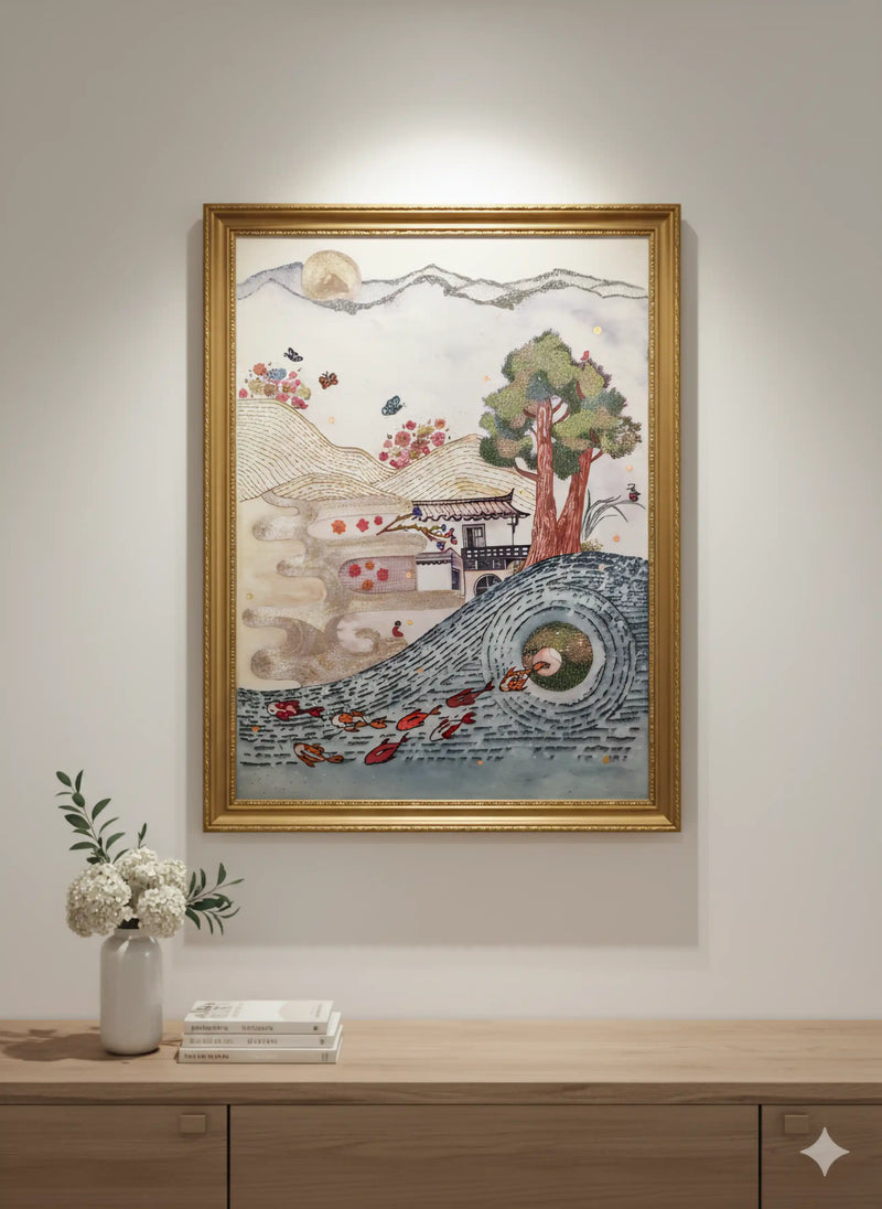 Framed artwork depicting a scenic landscape on a wall above a wooden console table.