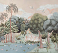 Collage of tropical plants and birds with a pastel color palette