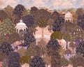 Decorative illustration of a garden with trees, shrubs, and architectural elements.