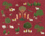 Patterned fabric with cows, trees, and people on a red background