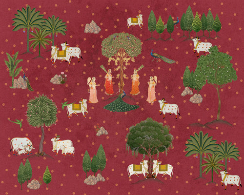 Patterned fabric with cows, trees, and people on a red background
