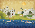 Decorative painting of a temple complex with people and animals by a lake, under a yellow sky.