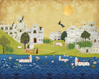 Decorative painting of a temple complex with people and animals by a lake, under a yellow sky.