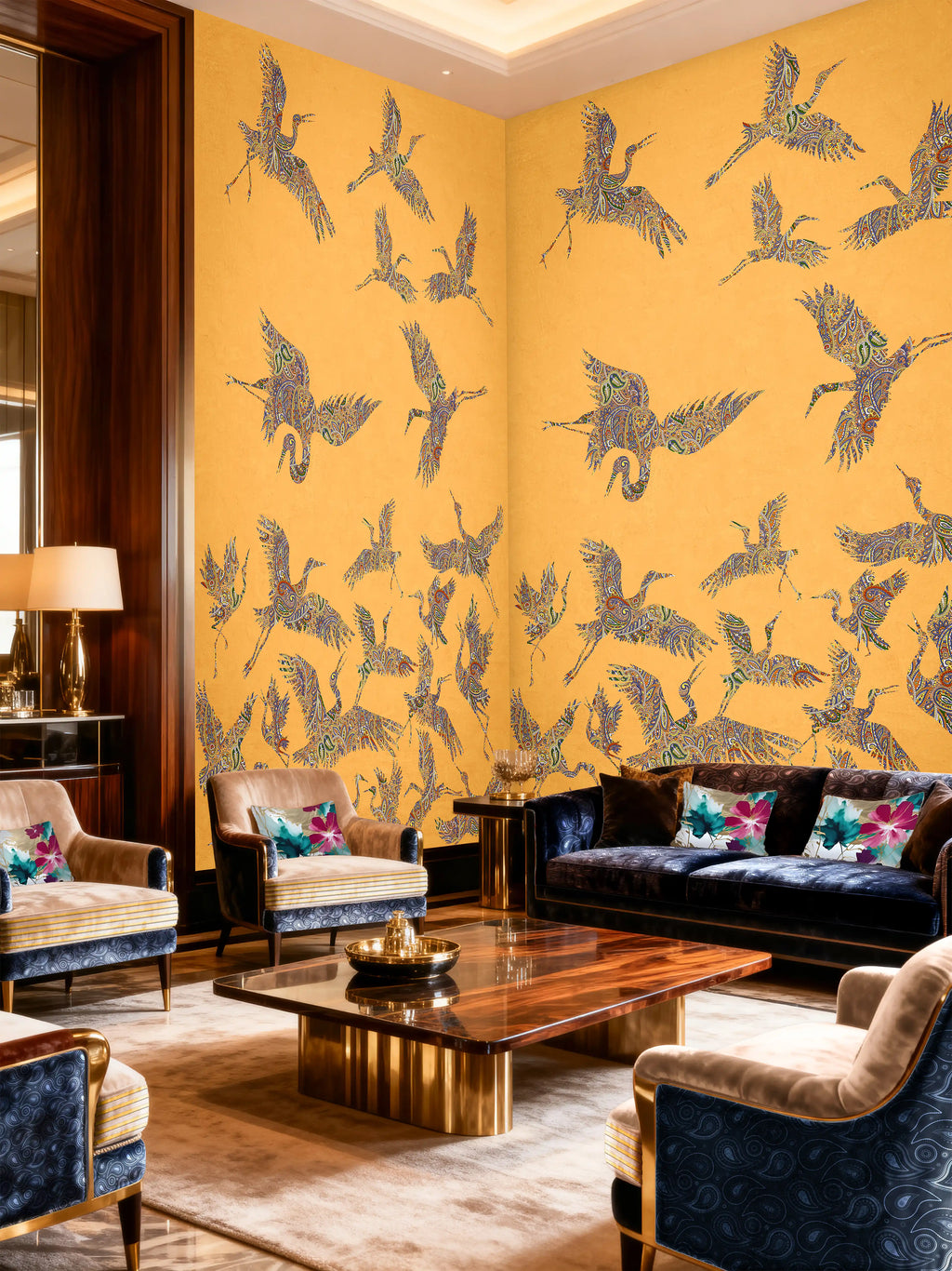 Luxurious living room with yellow walls featuring bird patterns, dark blue sofas, and decorative pillows.